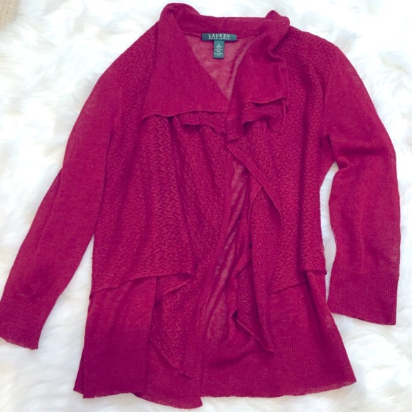 Lauren Ralph Lauren Sweaters - Ralph Lauren Burgundy Linen Knit Waterfall Cardigan Small